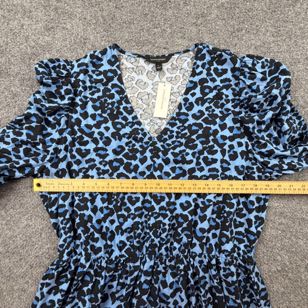 Banana Republic Blue Leopard Print Viscose V-Neck Midi Dress Puff Sleeve L NWT - Picture 5 of 10
